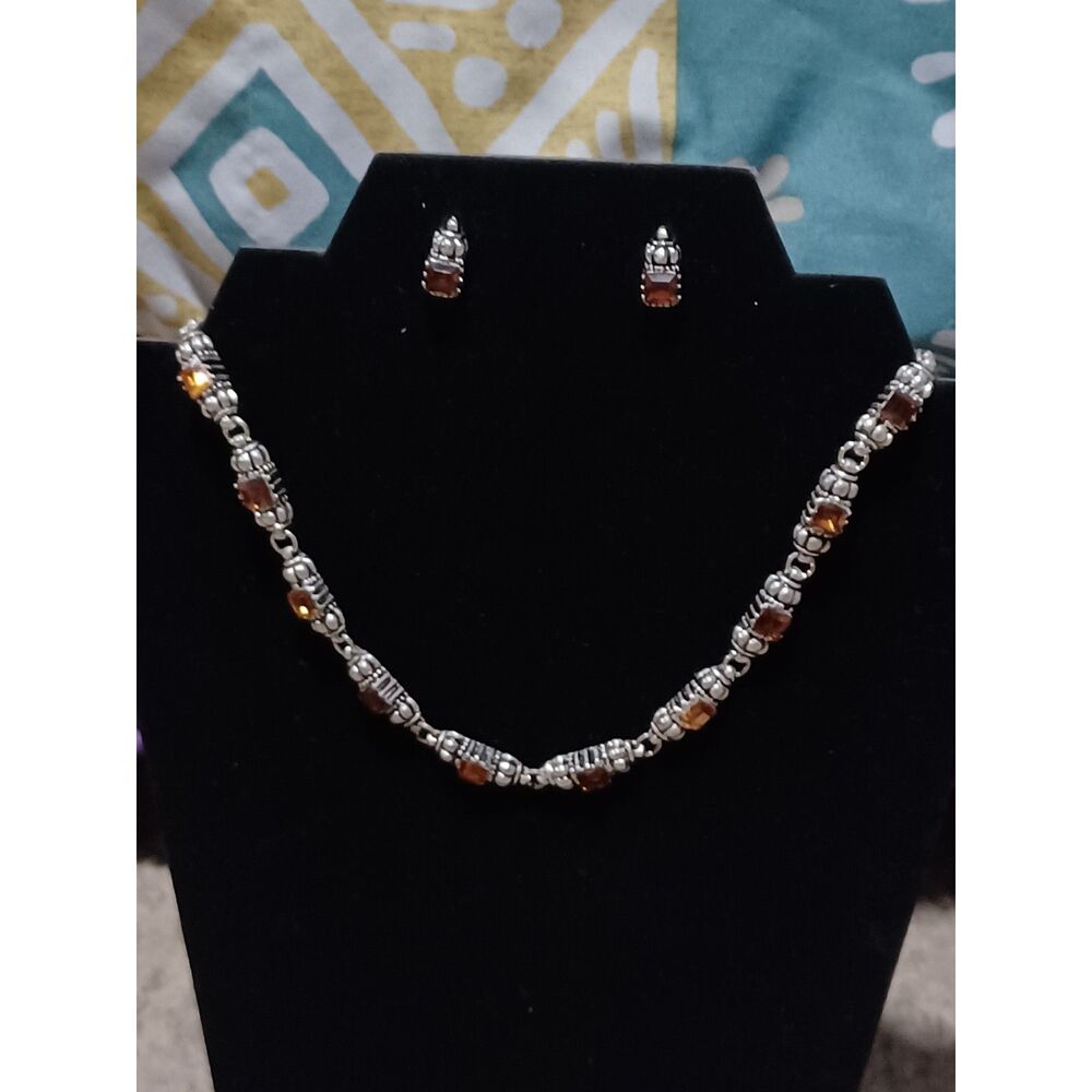 Silver-Toned Orange Crystal Necklace & Earring Set, 16"